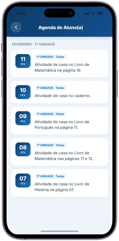 Tela Agenda do Aluno com atividades de casa de Matemática, Português e História organizadas por data