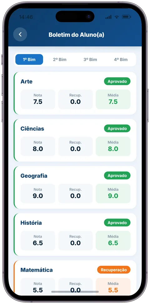 Tela Boletim do Aluno com notas do 1º bimestre, disciplinas aprovadas e Matemática em recuperação