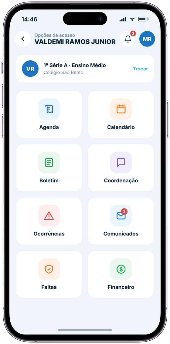 Tela inicial do aplicativo SIGEW Agenda com os atalhos Agenda, Calendário, Boletim, Coordenação, Ocorrências, Comunicados, Faltas e Financeiro